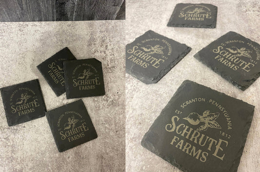 Schrute Farms branded coasters on a textured surface