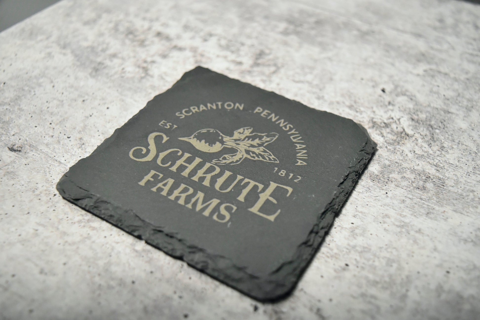 custom engraved schrute farms inspired slate coaster with farmhouse design and personalized text