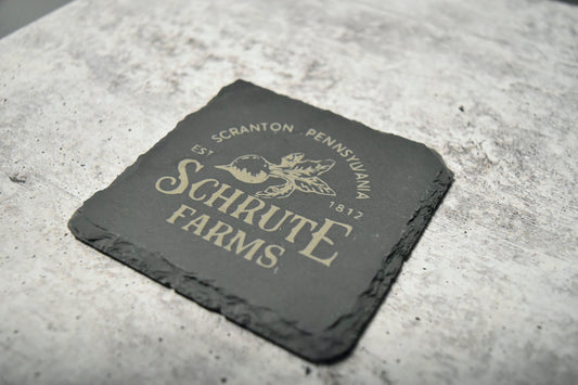 custom engraved schrute farms inspired slate coaster with farmhouse design and personalized text
