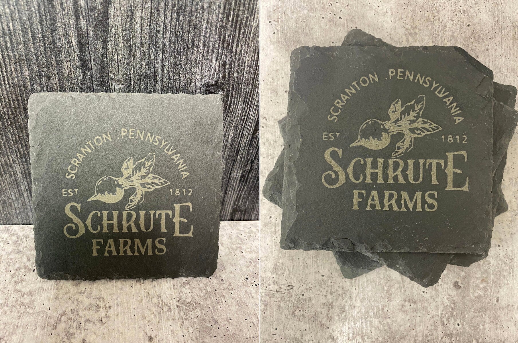 set of custom engraved slate coasters inspired by schrute farms displayed together on table