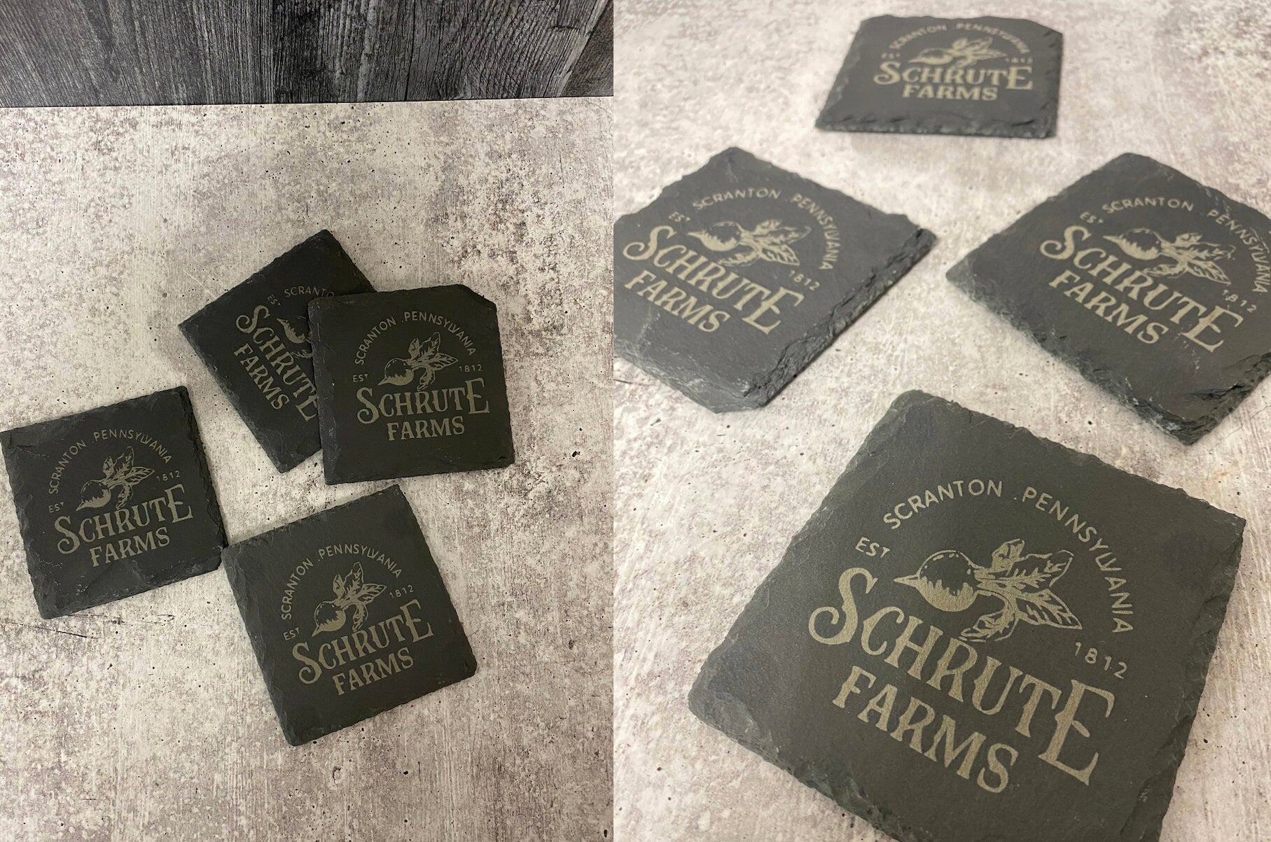 Schrute Farms branded coasters on a textured surface