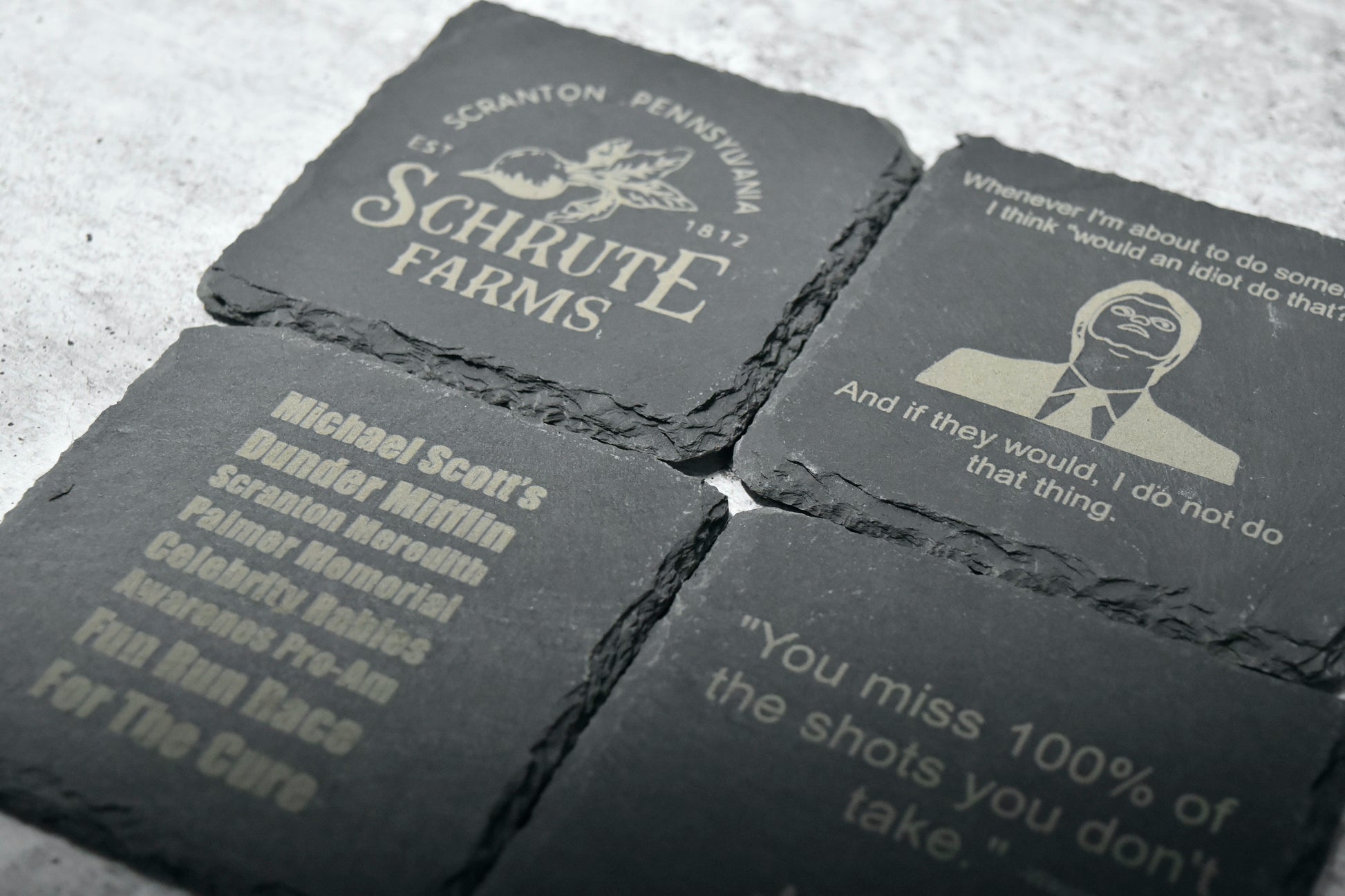 the office dunder mifflin slate coasters novelty gift. michael scott fun run merch