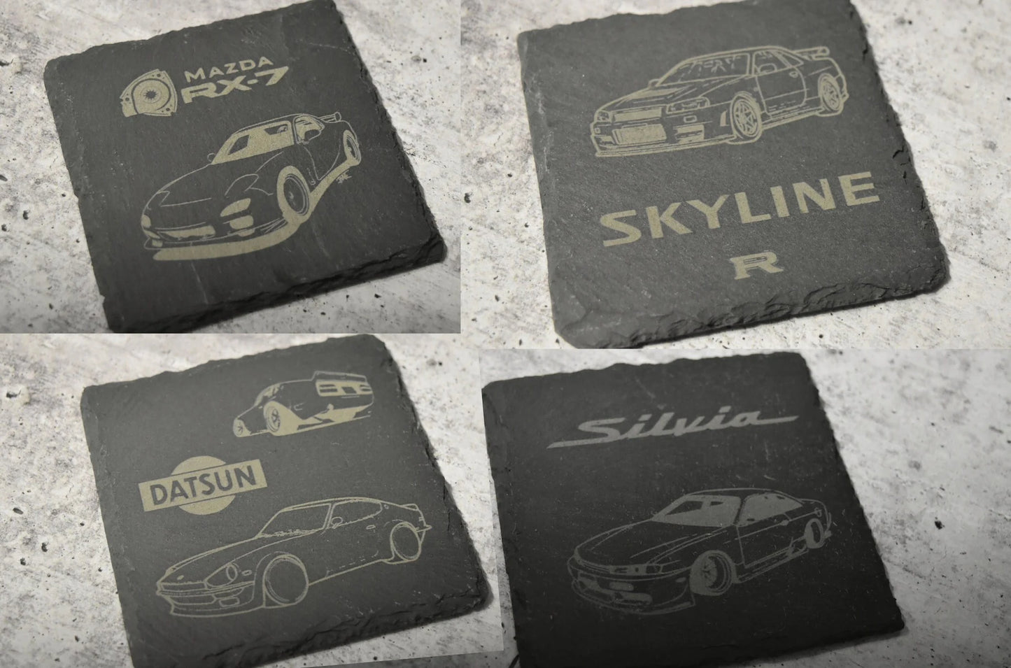 JDM Classic Car Slate Coasters - RX-7 | R34 Skyline GTR | Datsun 240z | Nissan 240sx Silvia